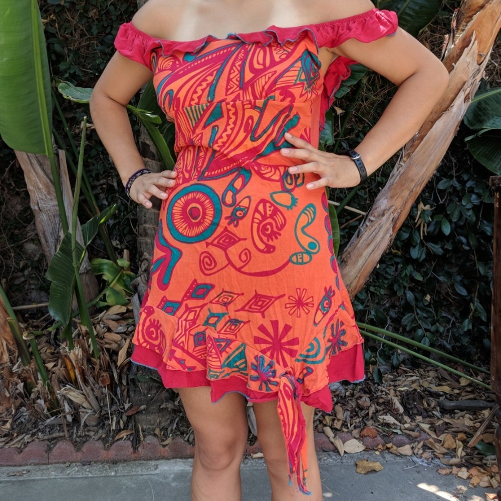COLINE Orange Layered Ruffle BOHO Dress